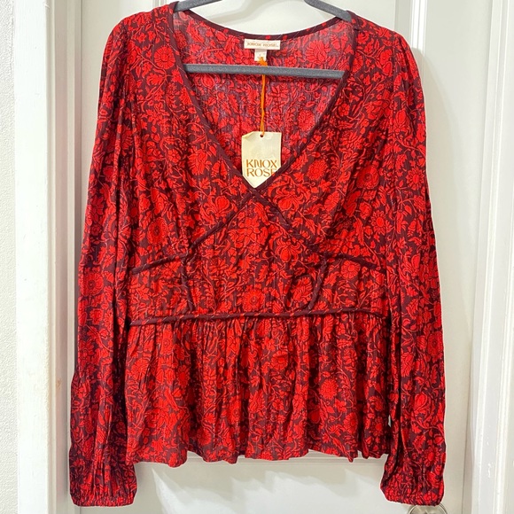 Knox Rose Red Floral Long Sleeve Embroidered Blouse L - Picture 2 of 12